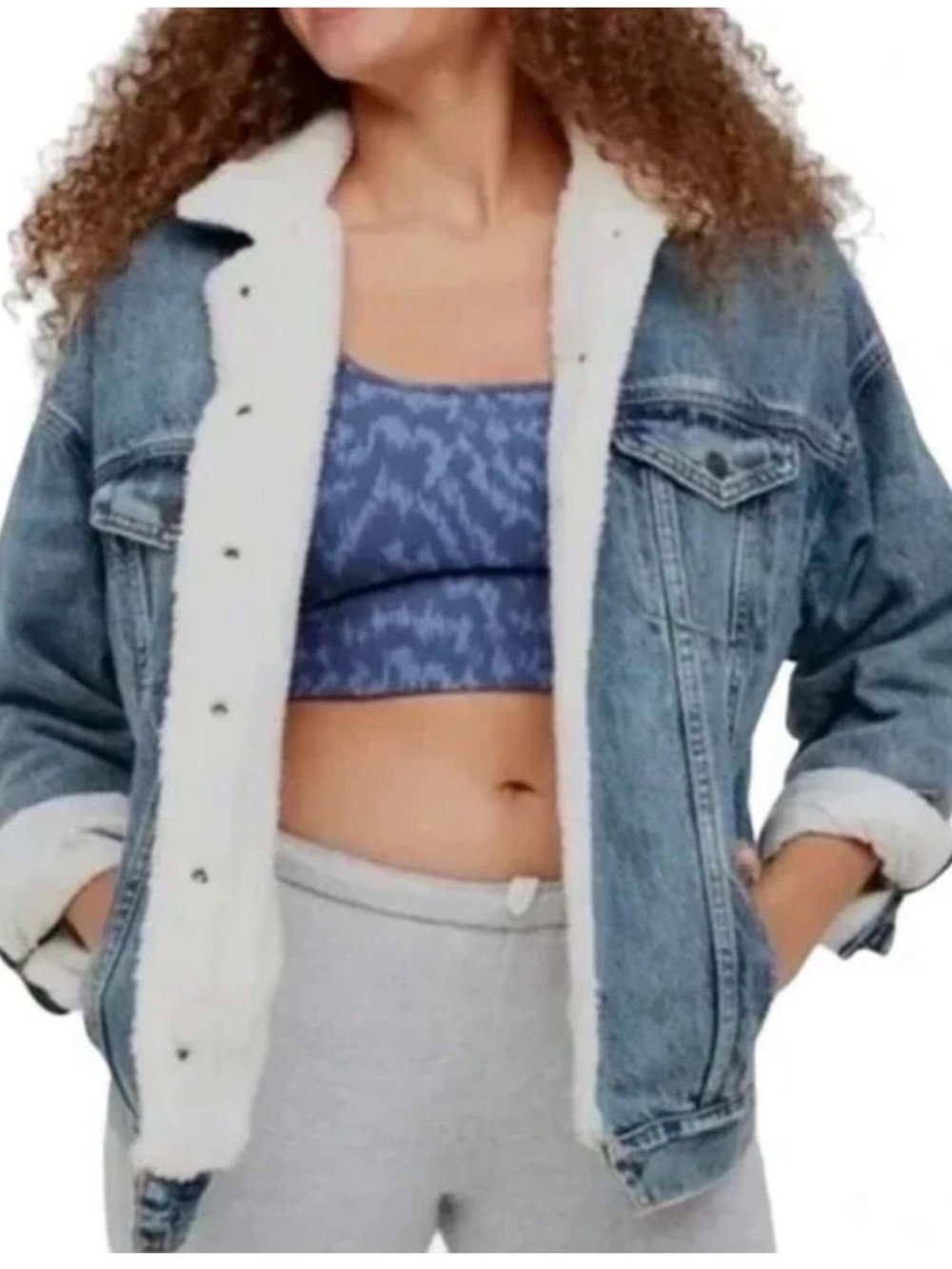 Offline by Aerie Blue Denim Sherpa-Lined Jacket with Cream Lining Size Large